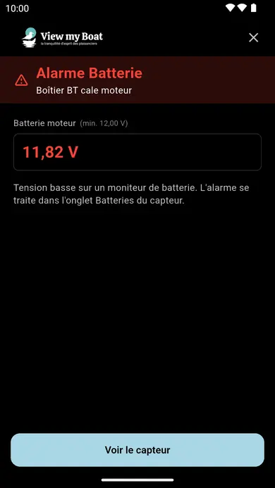 Fenêtre d'alarme de Viewer : alarme batterie du boîtier Bluetooth de la cale moteur, tension mesurée 11,82 V pour un minimum de 12 V