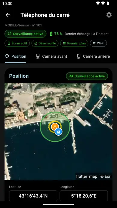 Écran Position de Viewer : le bateau sur la carte satellite avec son cercle de mouillage et ses coordonnées GPS