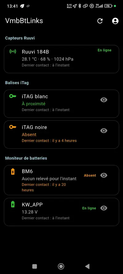 L'application VmbBtLinks : capteur Ruuvi, balises iTAG et moniteurs de batterie