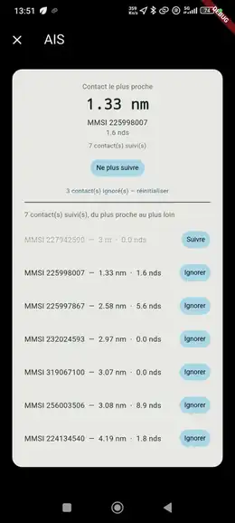 Écran AIS de l'application VMB Remote NMEA, avec la liste des contacts suivis