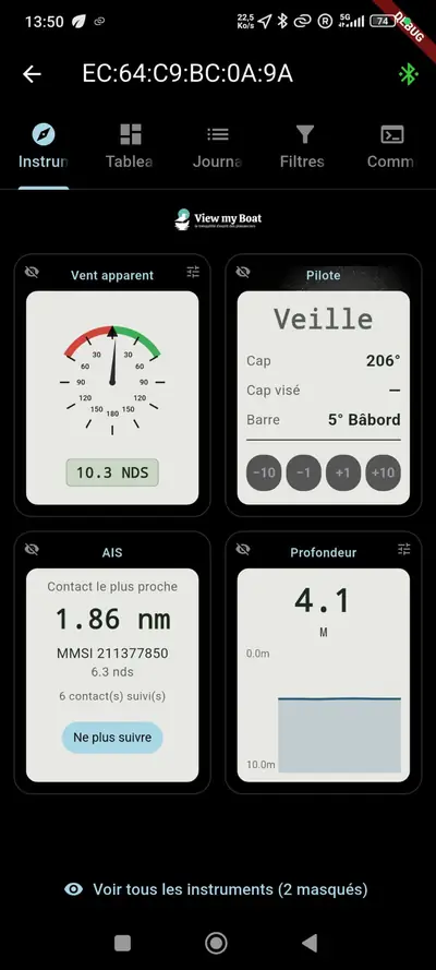 Tableau de bord des instruments dans l'application VMB Remote NMEA : vent, pilote, AIS et profondeur