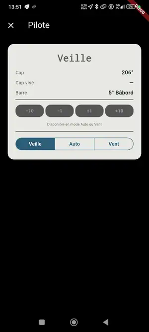 Écran Pilote de l'application VMB Remote NMEA, avec les modes Veille, Auto et Vent