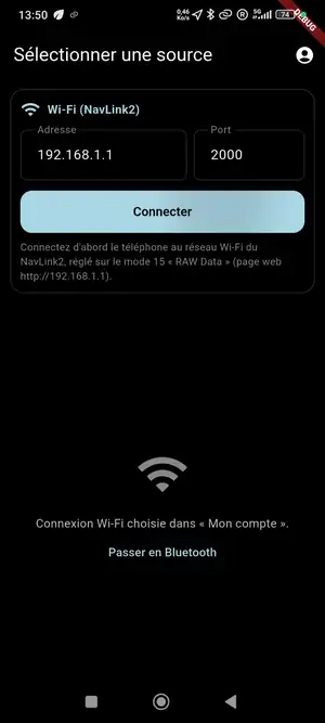 Écran de sélection de la source dans VMB Remote NMEA : Wi-Fi (NavLink2) ou Bluetooth